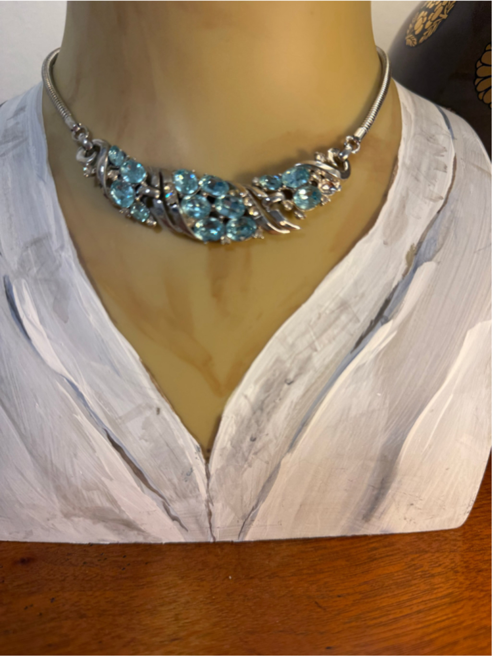 Trifari Blue and white rhinestone Silver Tone Necklace 16” blue topaz crown.